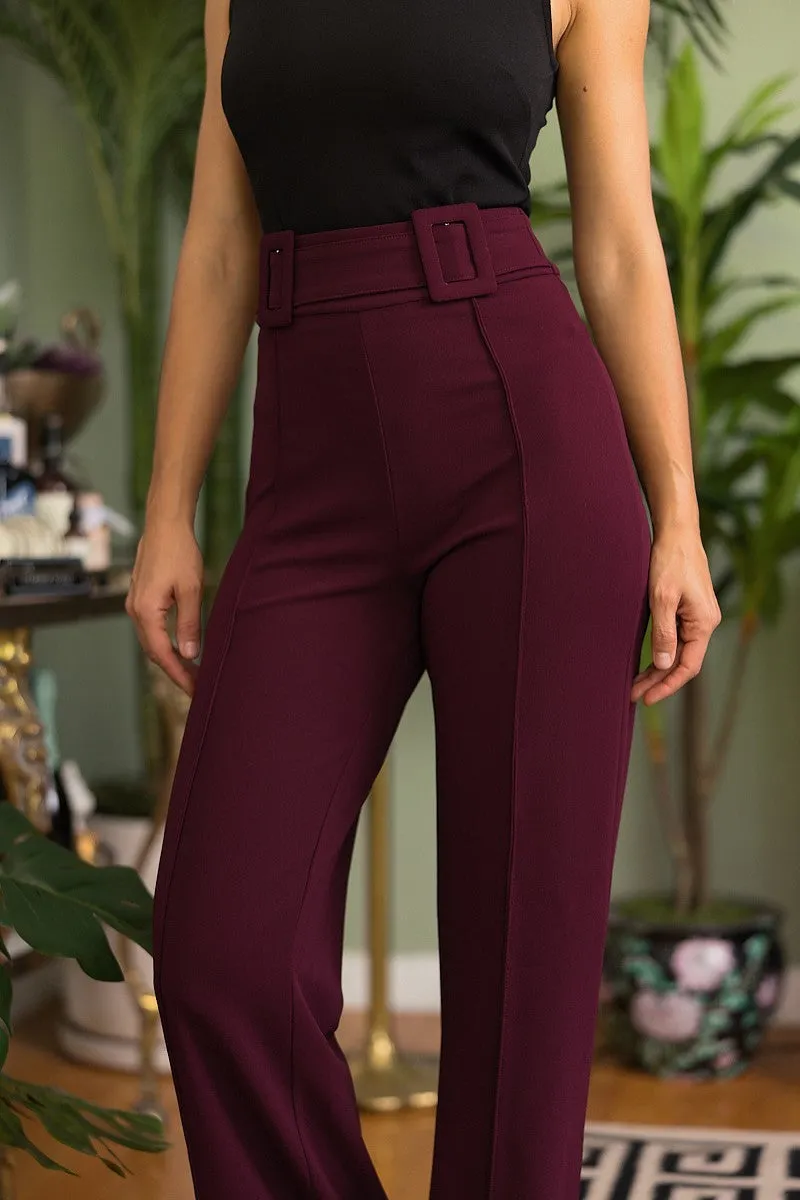 High Waist Pants With Self Fabric Buckle Detail On The Waist