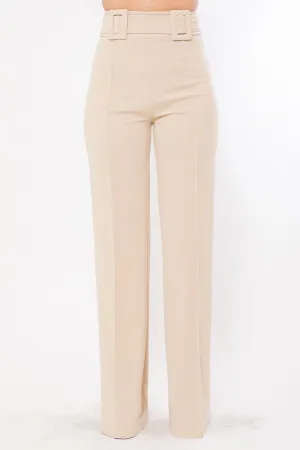 High Waist Pants With Self Fabric Buckle Detail On The Waist