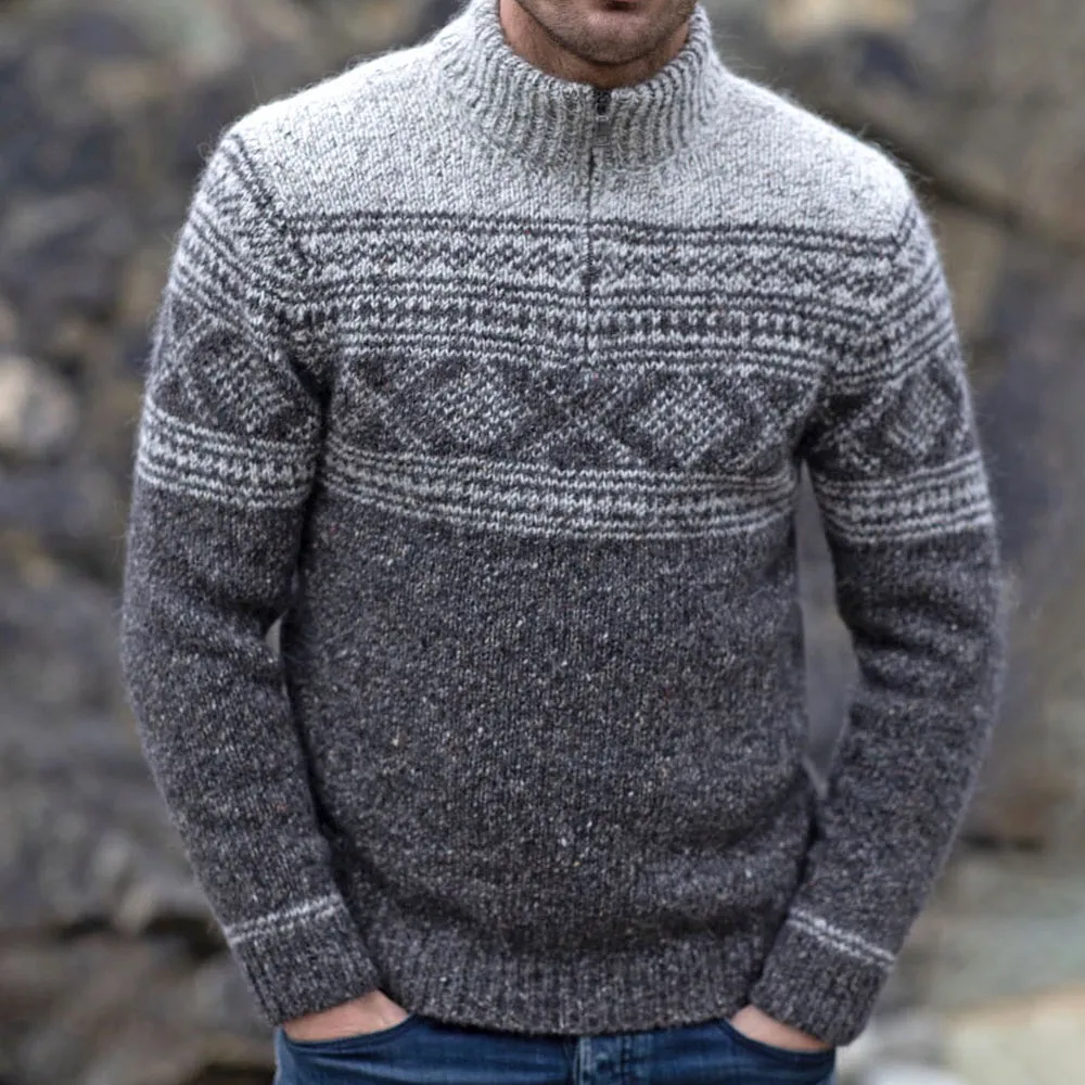 Jacquard Pattern Zip Neck Sweater