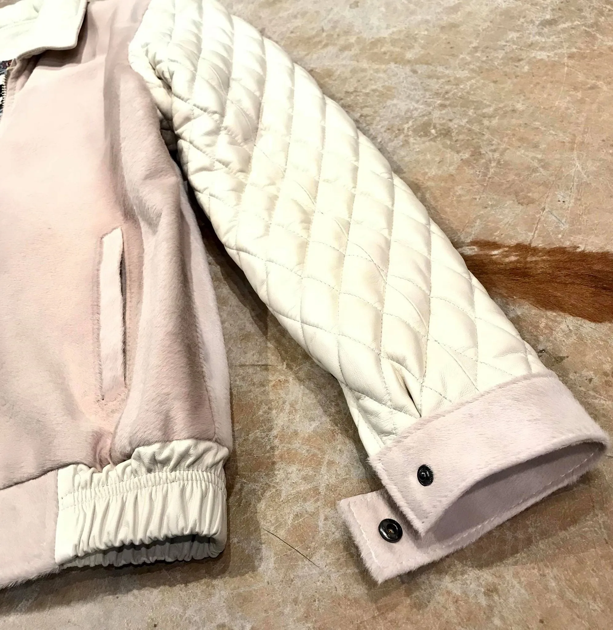 Kashani Cream Quilted Full Pony Bomber Jacket