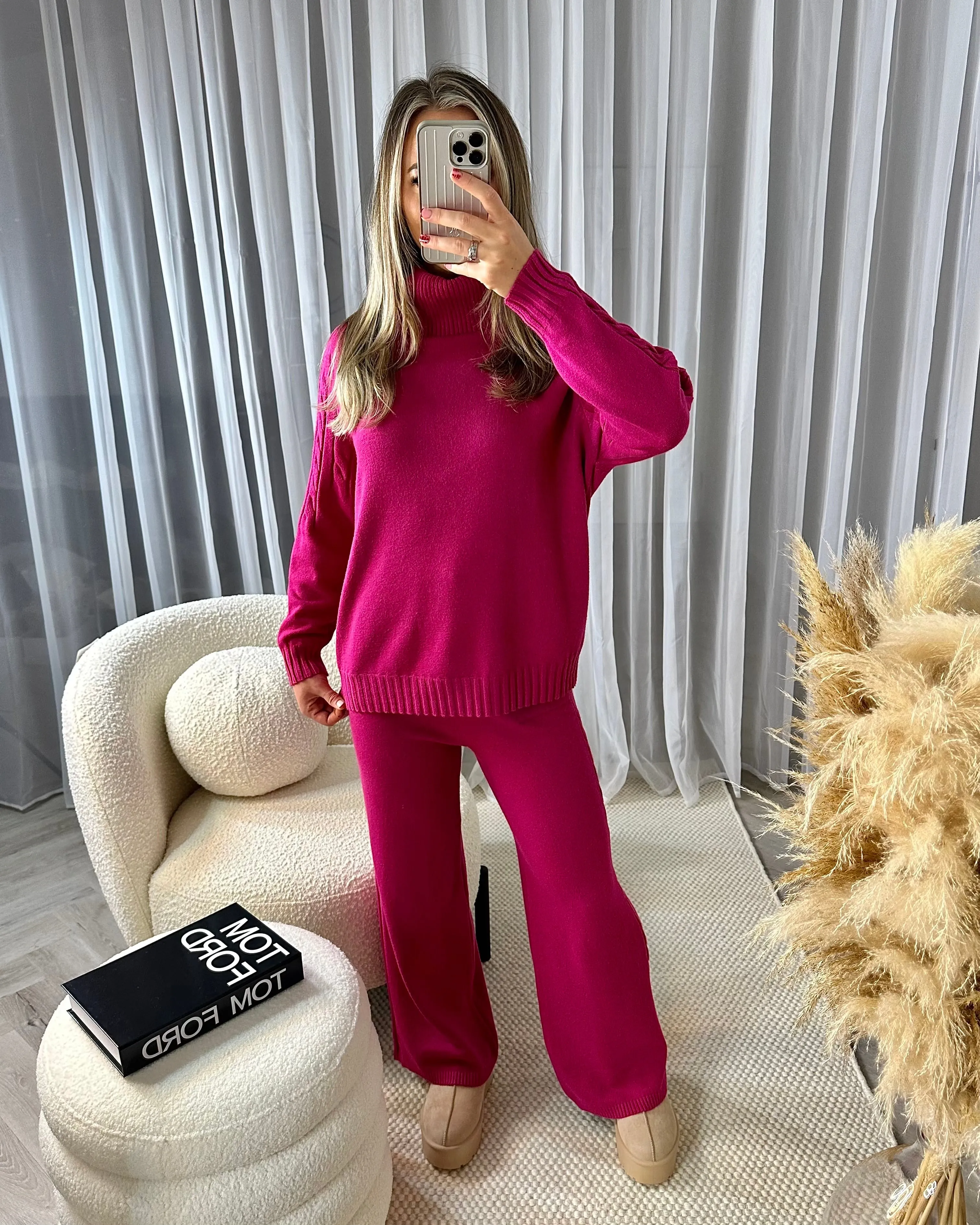 Khai Cowl Neck Cable Knit Detail Jumper & Wide Leg Trouser Set - Fuchsia