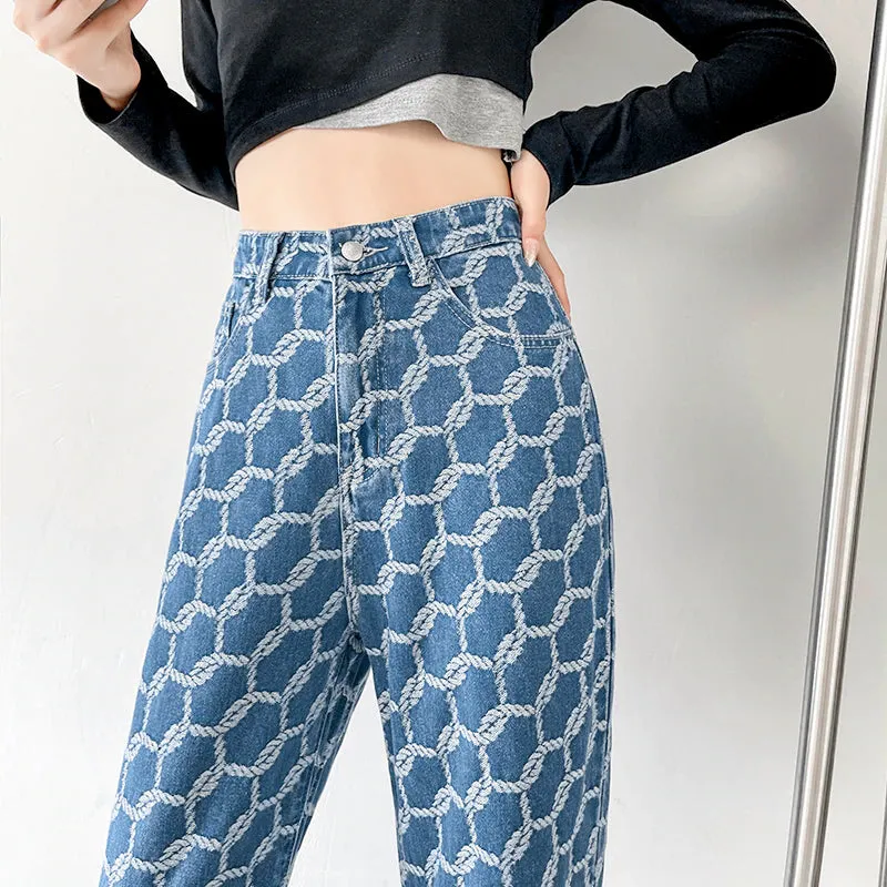 KittenAlarm - High Waist Ropes Pattern Long Jeans Pants