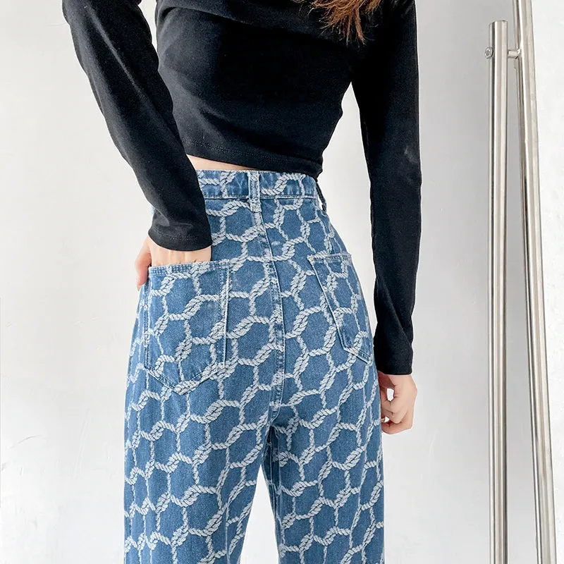 KittenAlarm - High Waist Ropes Pattern Long Jeans Pants