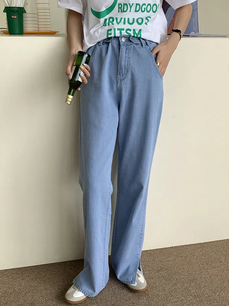 [Korean Style] High Quality Retro Full Length Wide Leg Boot-cut Slit Jeans