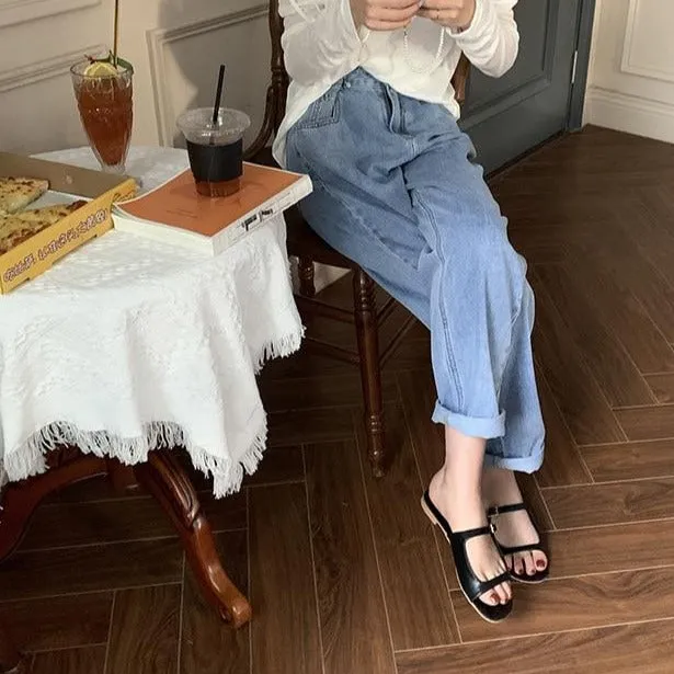 [Korean Style] High Waist Hook Pleated Wide Leg Jeans