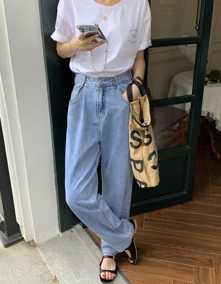 [Korean Style] High Waist Hook Pleated Wide Leg Jeans