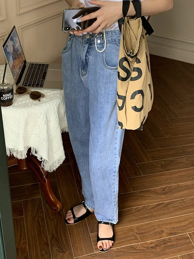 [Korean Style] High Waist Hook Pleated Wide Leg Jeans