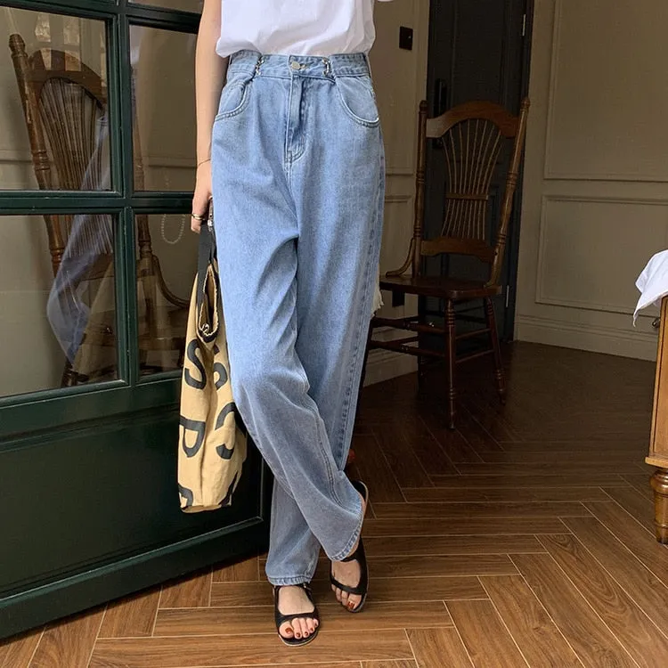 [Korean Style] High Waist Hook Pleated Wide Leg Jeans