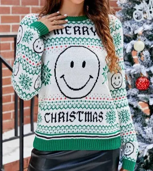 Laila Smiley Face Snow Flakes Pattern Sweater