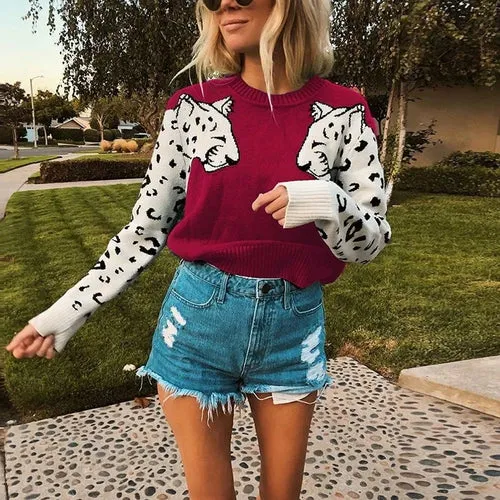 Leopard Pattern Knitted Pullover Sweater