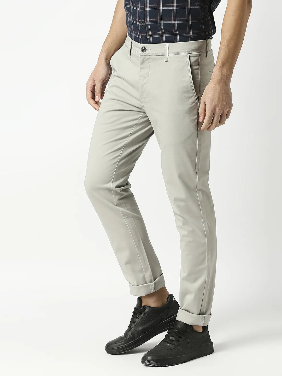 Light Grey Slim Tapered Cotton Dobby Lycra Trouser