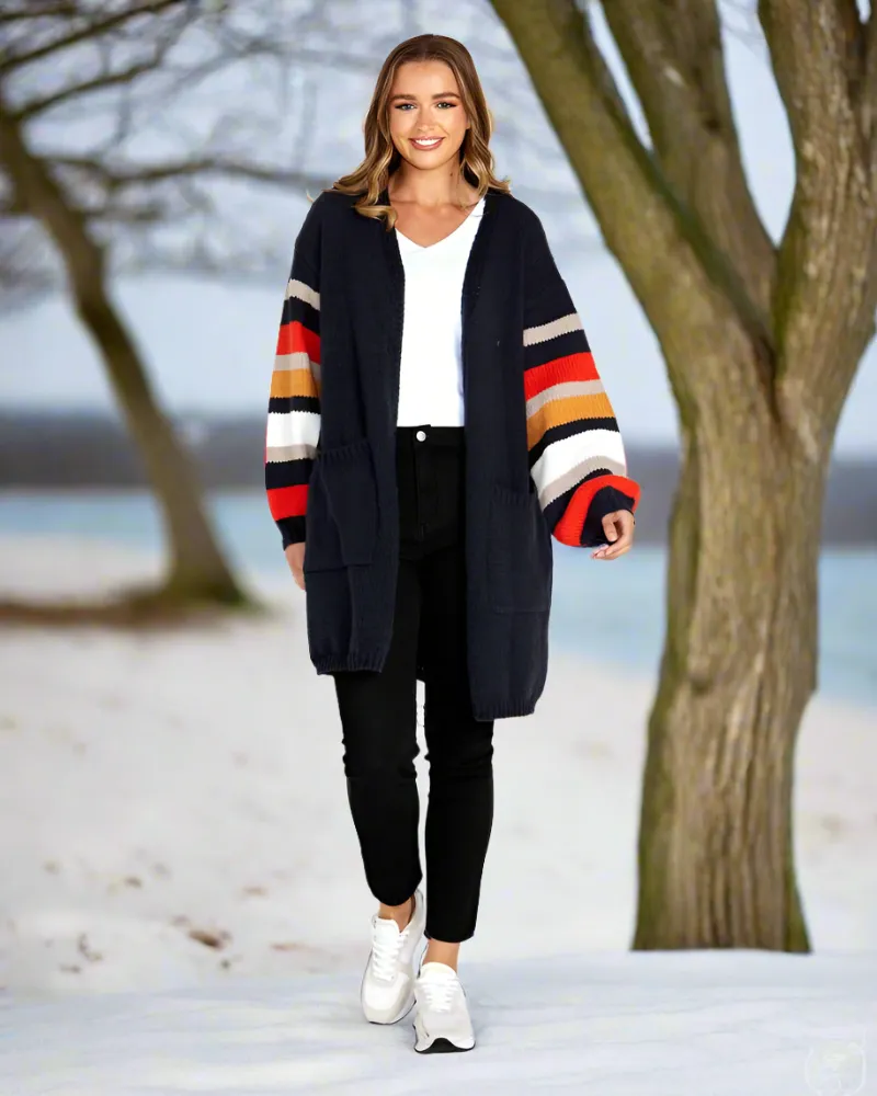 Liliana Chunky Knit Cardigan - Navy Stripe