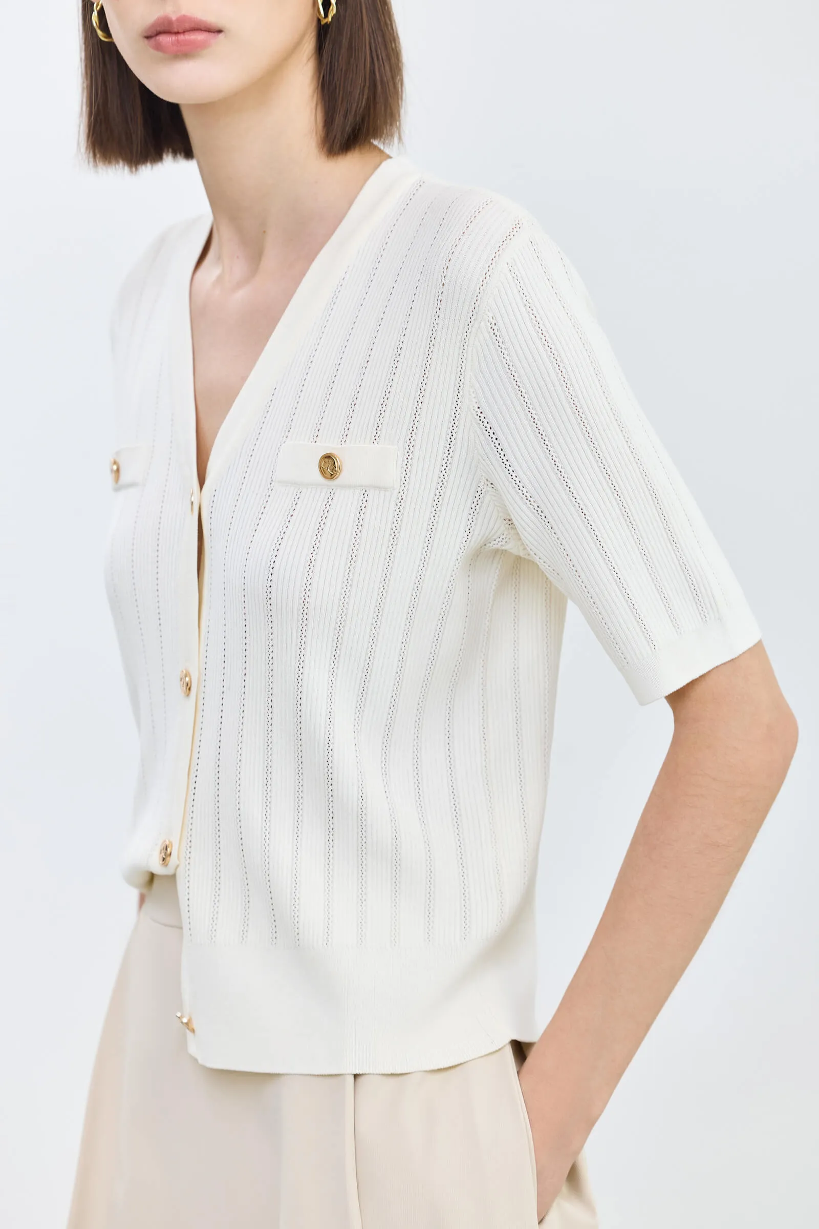 LILY Solid Color Short-Sleeve Knit Cardigan