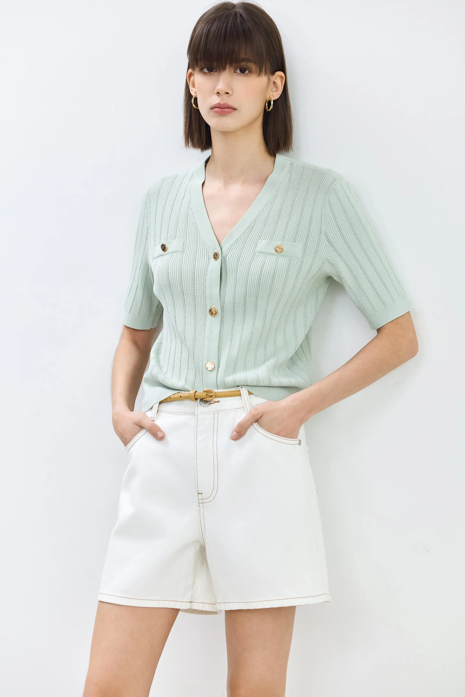 LILY Solid Color Short-Sleeve Knit Cardigan