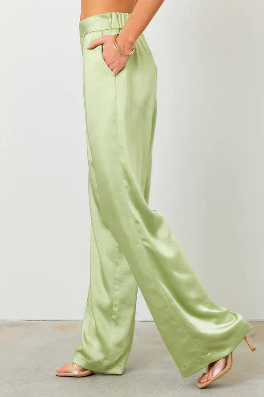 Lime High Waist Wide Leg Satin Pants