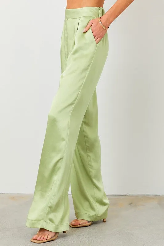 Lime High Waist Wide Leg Satin Pants