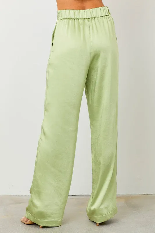 Lime High Waist Wide Leg Satin Pants