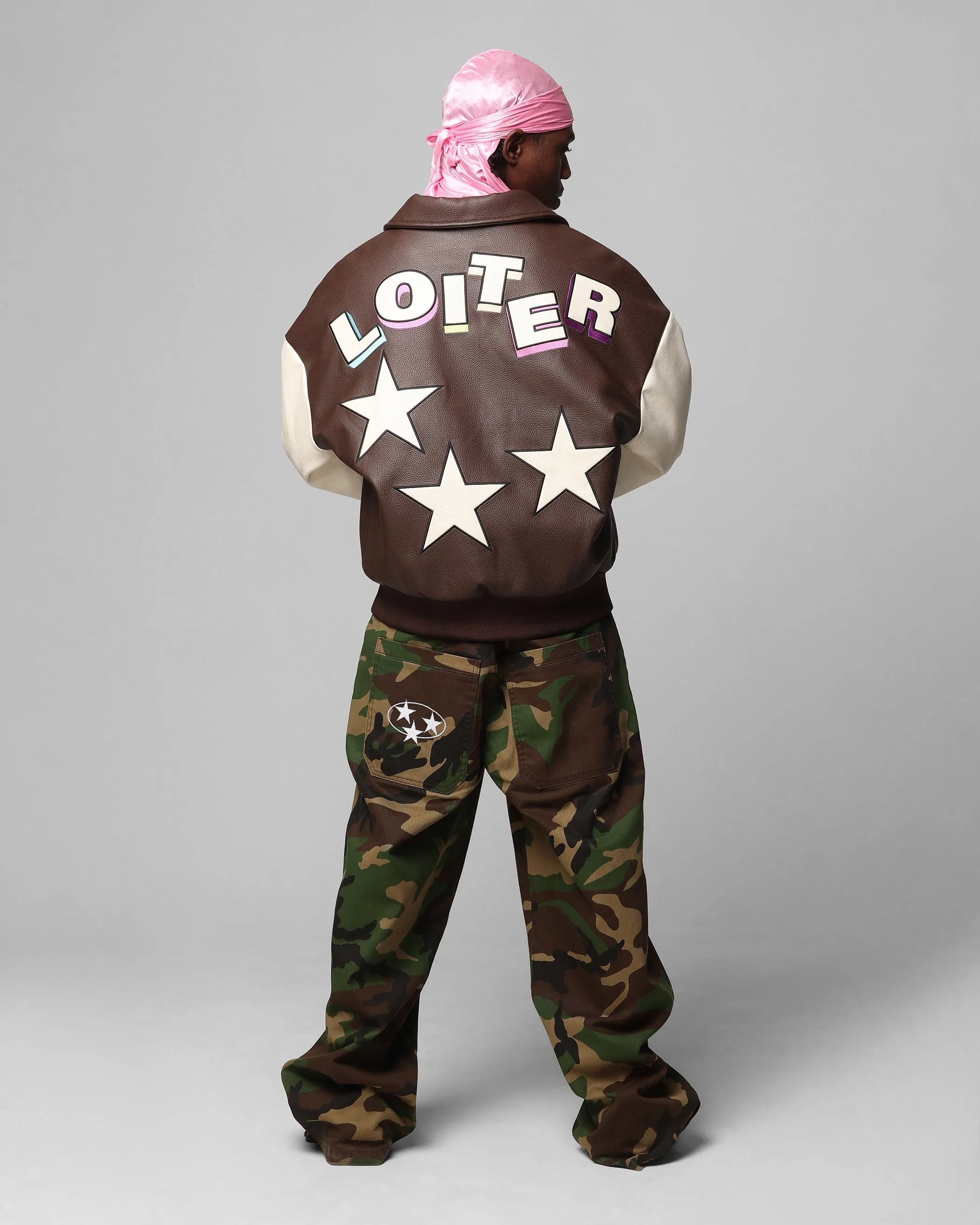 Loiter Solar PU Leather Varsity Jacket Brown/Beige