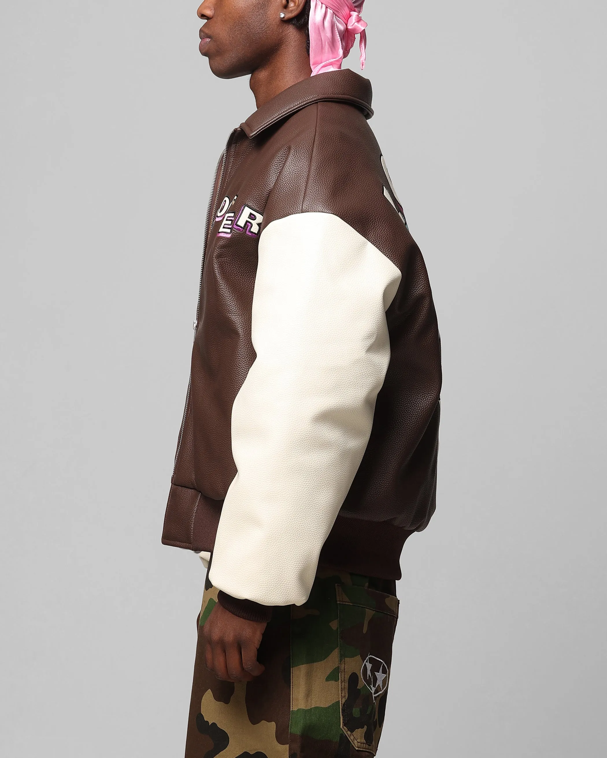 Loiter Solar PU Leather Varsity Jacket Brown/Beige