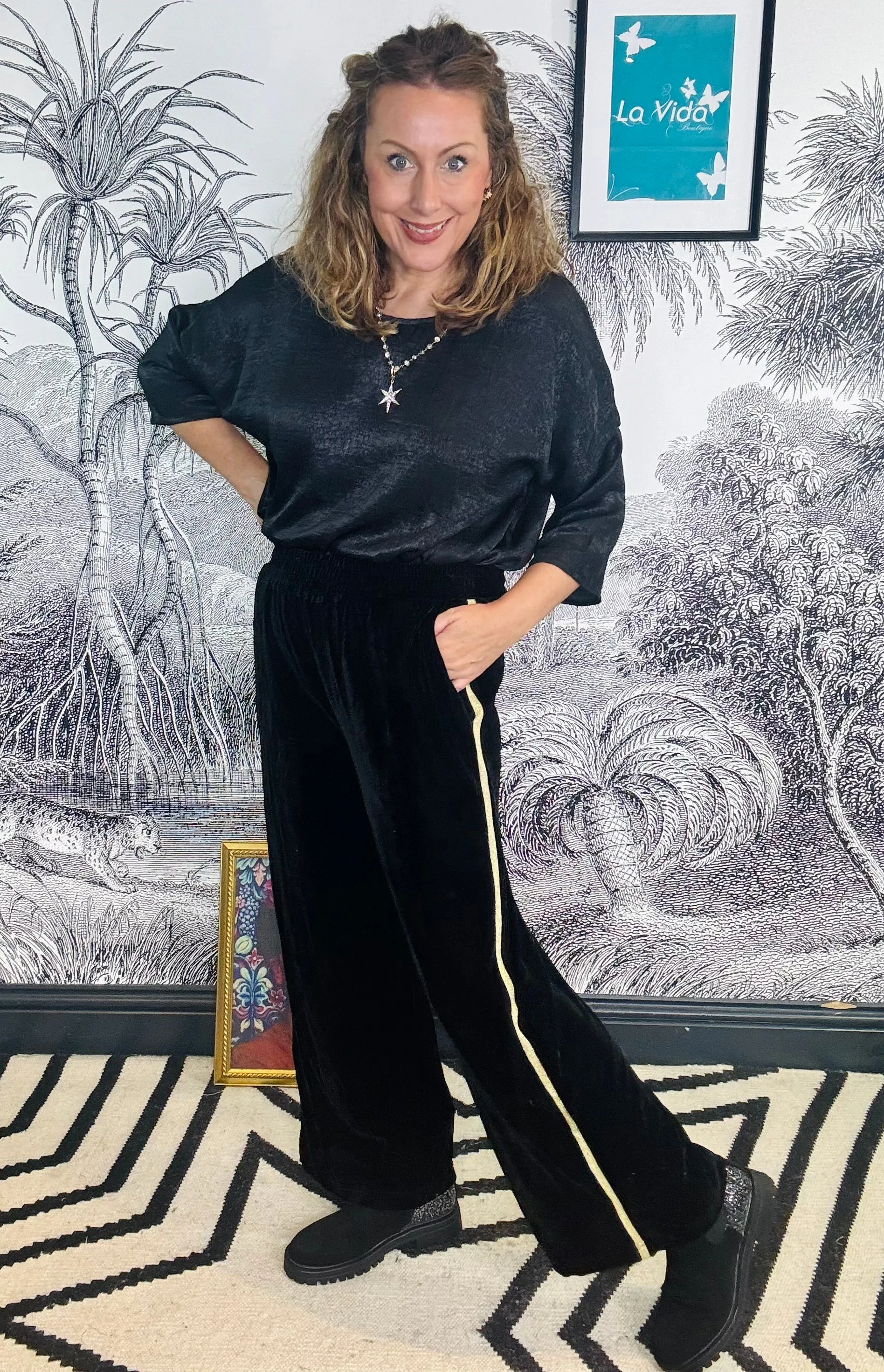 Mabel Glitter Stripe Wide Leg Velvet Trousers