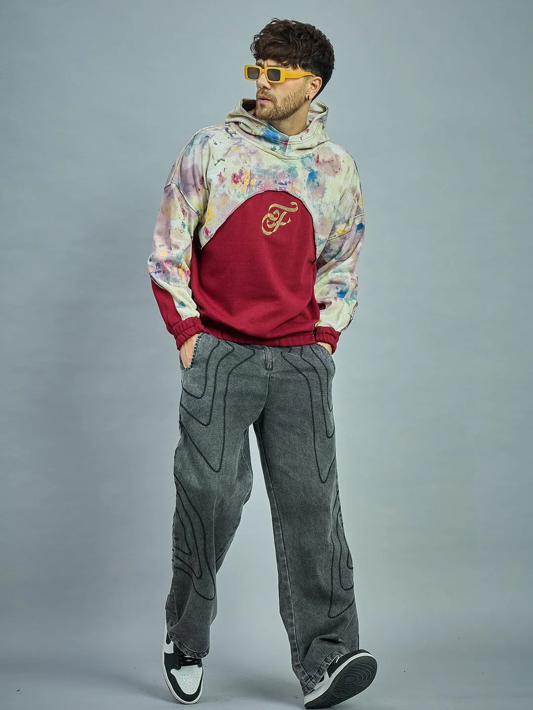 Maroon Tie Dye Cut & Sew Baggy Hoodie