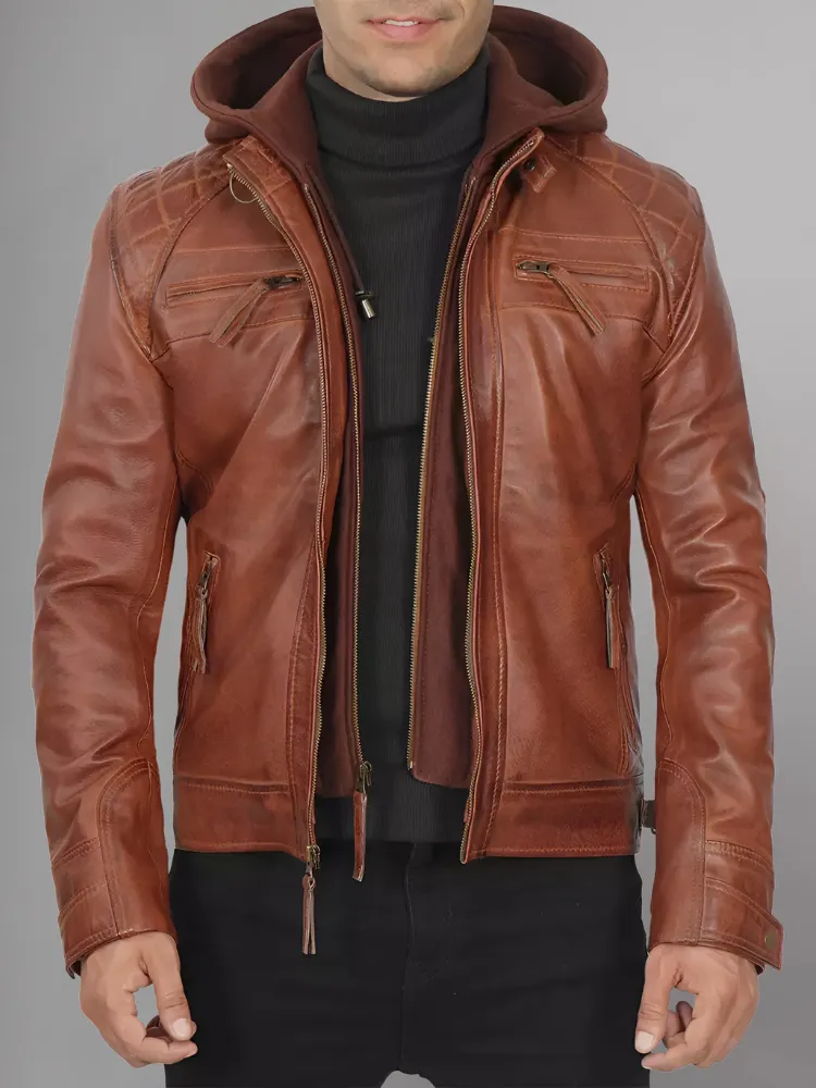 Mens Black and Maroon Quilted Cafe Racer Leather Jacket