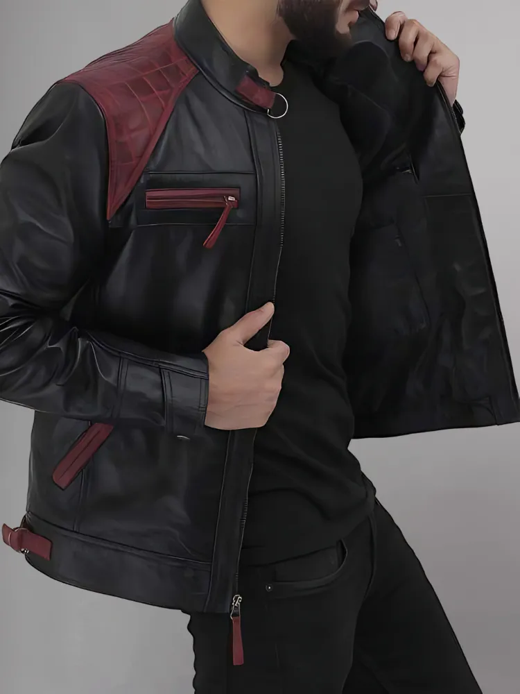 Mens Black and Maroon Quilted Cafe Racer Leather Jacket