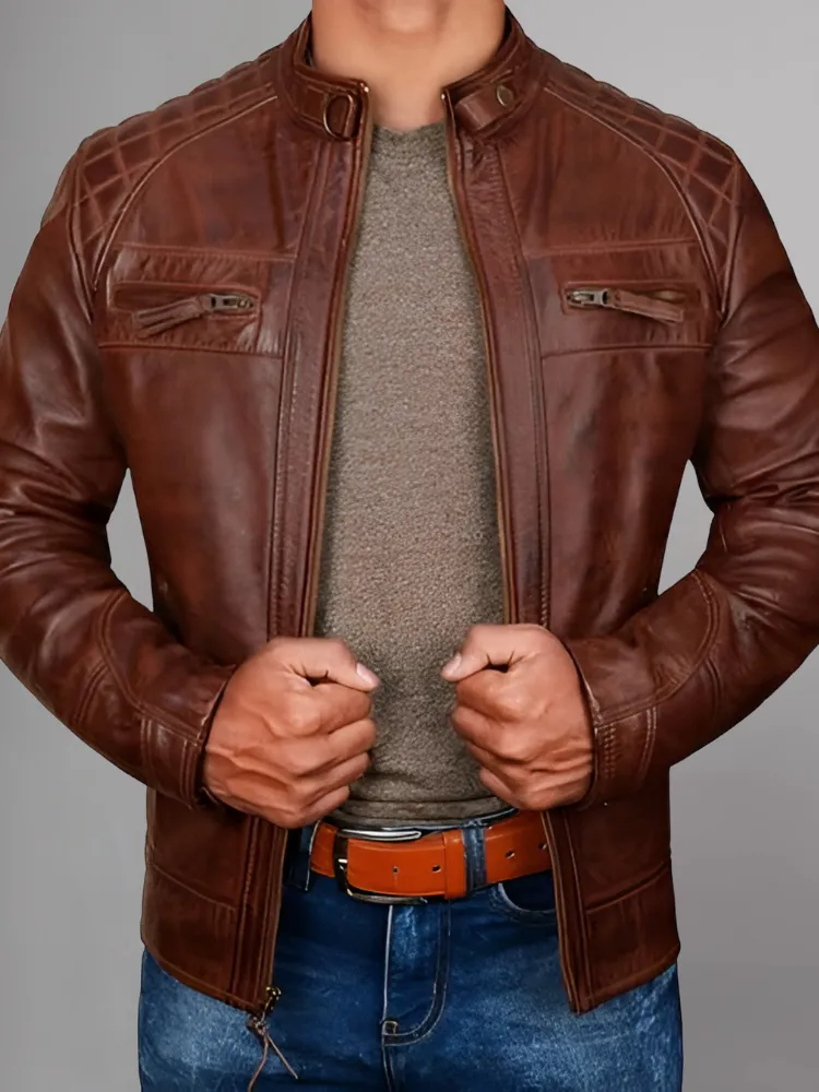 Mens Black and Maroon Quilted Cafe Racer Leather Jacket