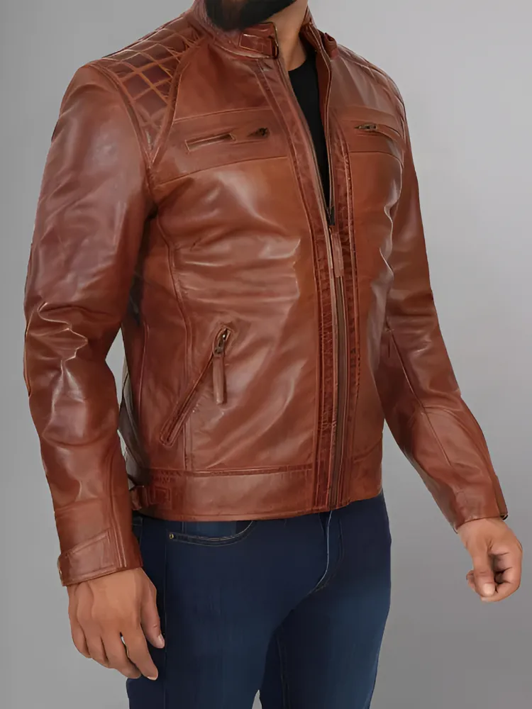 Mens Black and Maroon Quilted Cafe Racer Leather Jacket