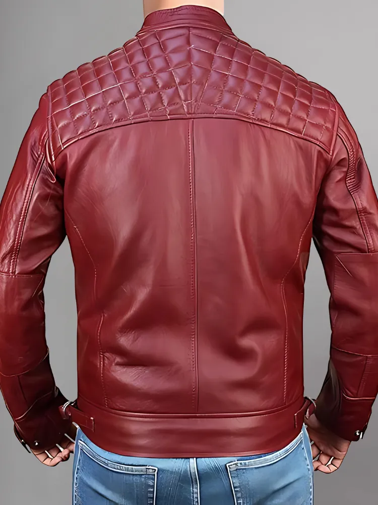 Mens Black and Maroon Quilted Cafe Racer Leather Jacket