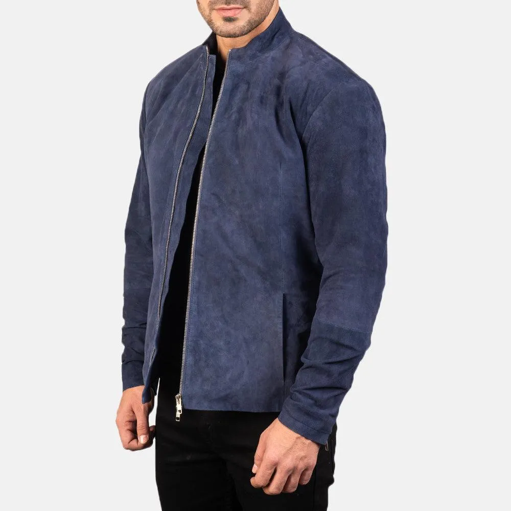 Mens Charcoal Navy Blue Suede Biker Jacket