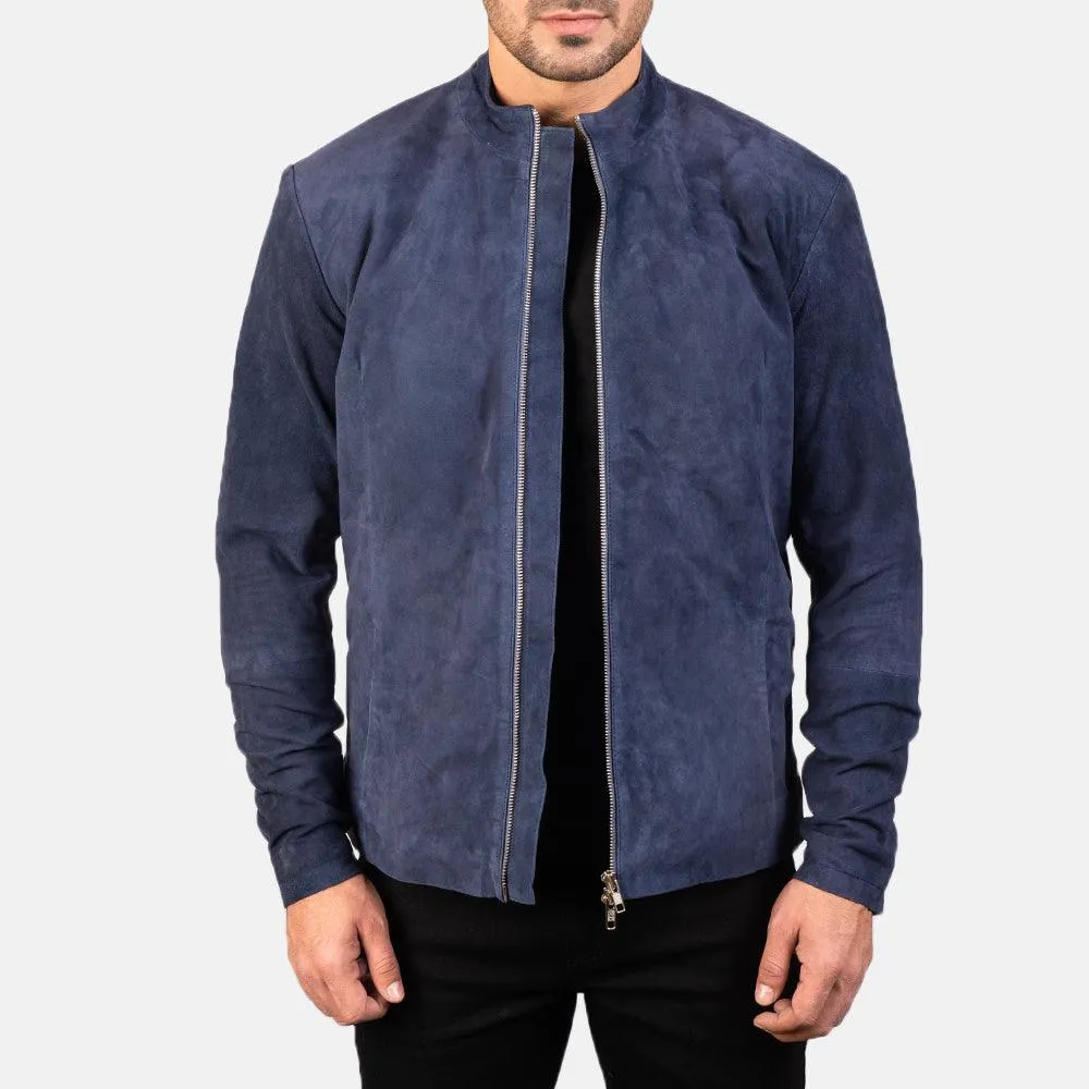 Mens Charcoal Navy Blue Suede Biker Jacket