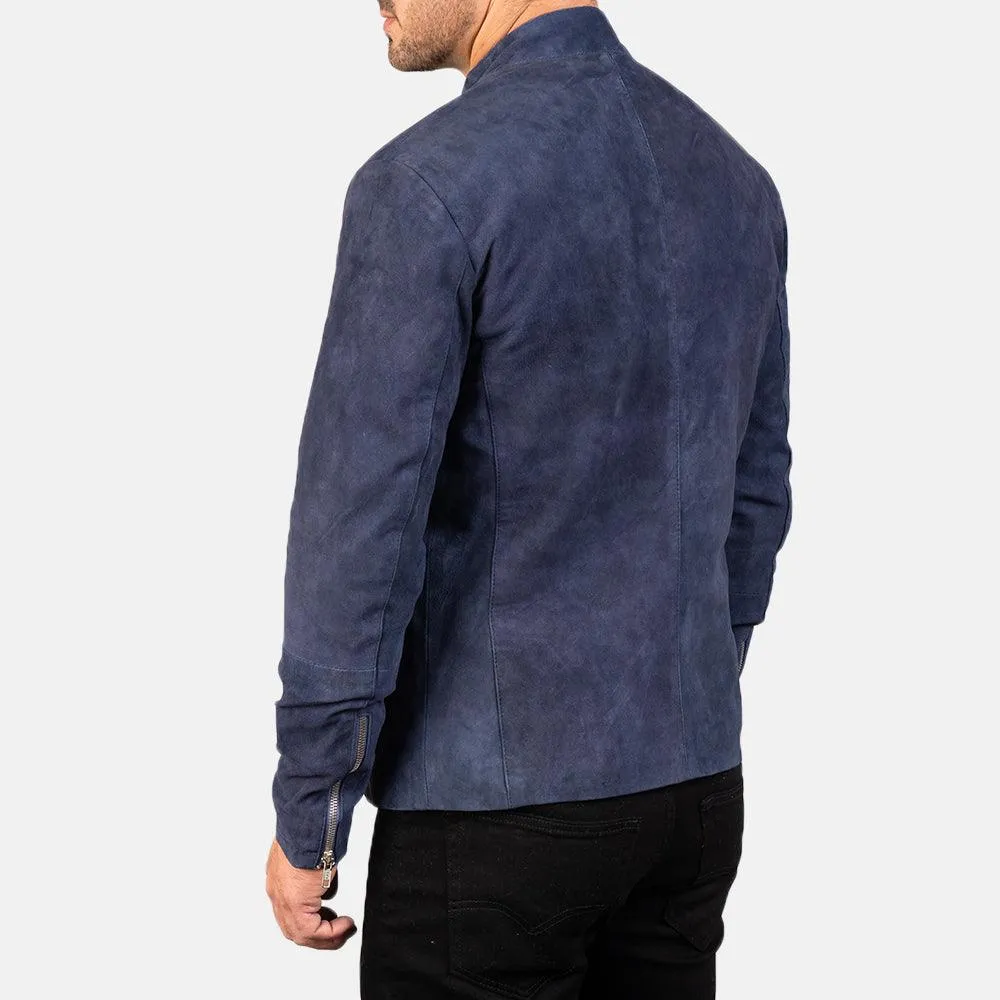 Mens Charcoal Navy Blue Suede Biker Jacket