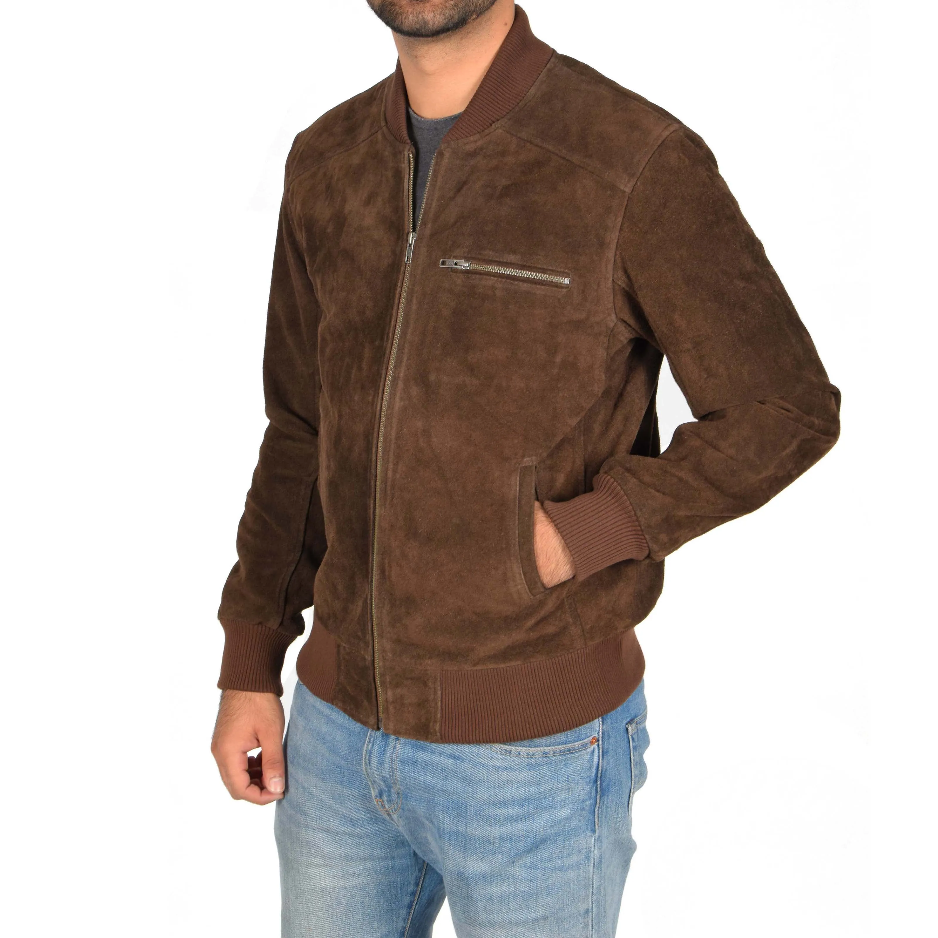 Mens Genuine Suede Bomber Jacket Roco Brown