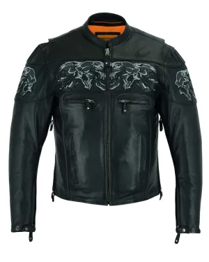 Men's Leather Concealed Carry Racing Jacket W/ Reflective Skulls