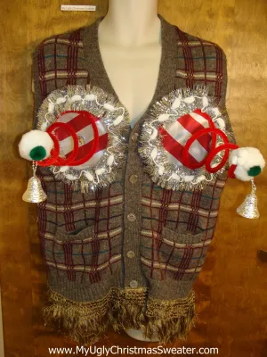 Mens Plaid Naughty Ugly Christmas Sweater with Funny Boobs