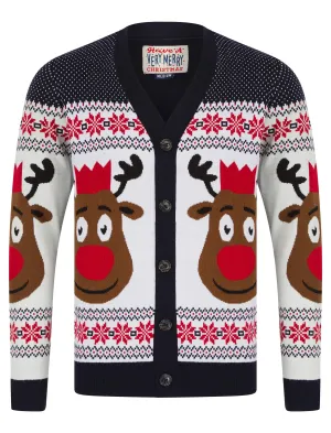 Men's Rudolphs Cardi Wallpaper Print Novelty Knitted Christmas Cardigan in Ink - Merry Christmas