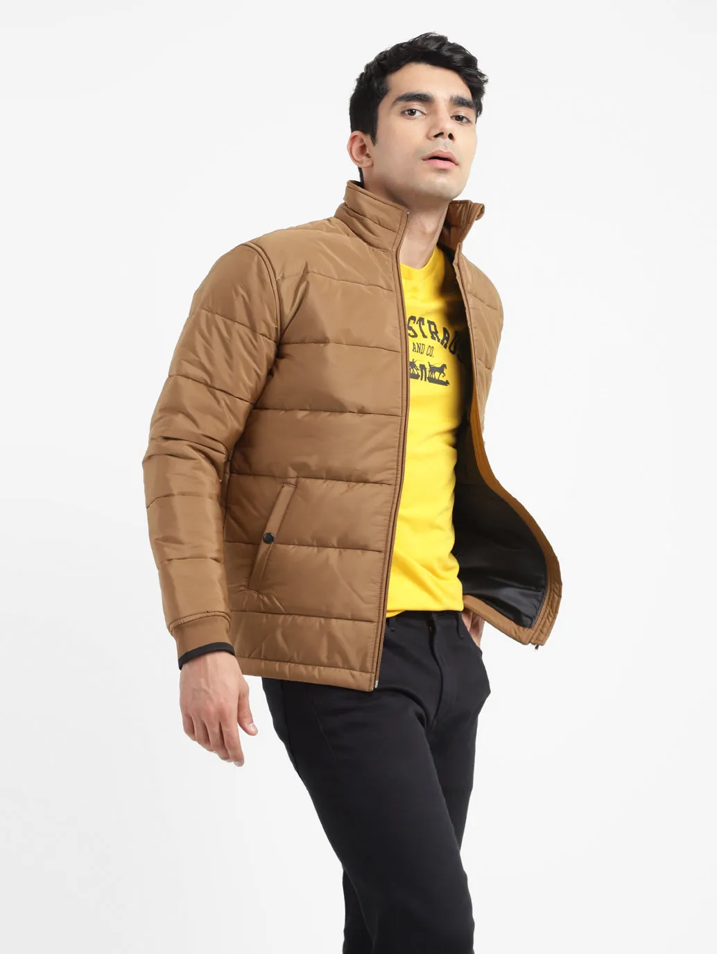 Men's Solid High Neck Quilted Jacket