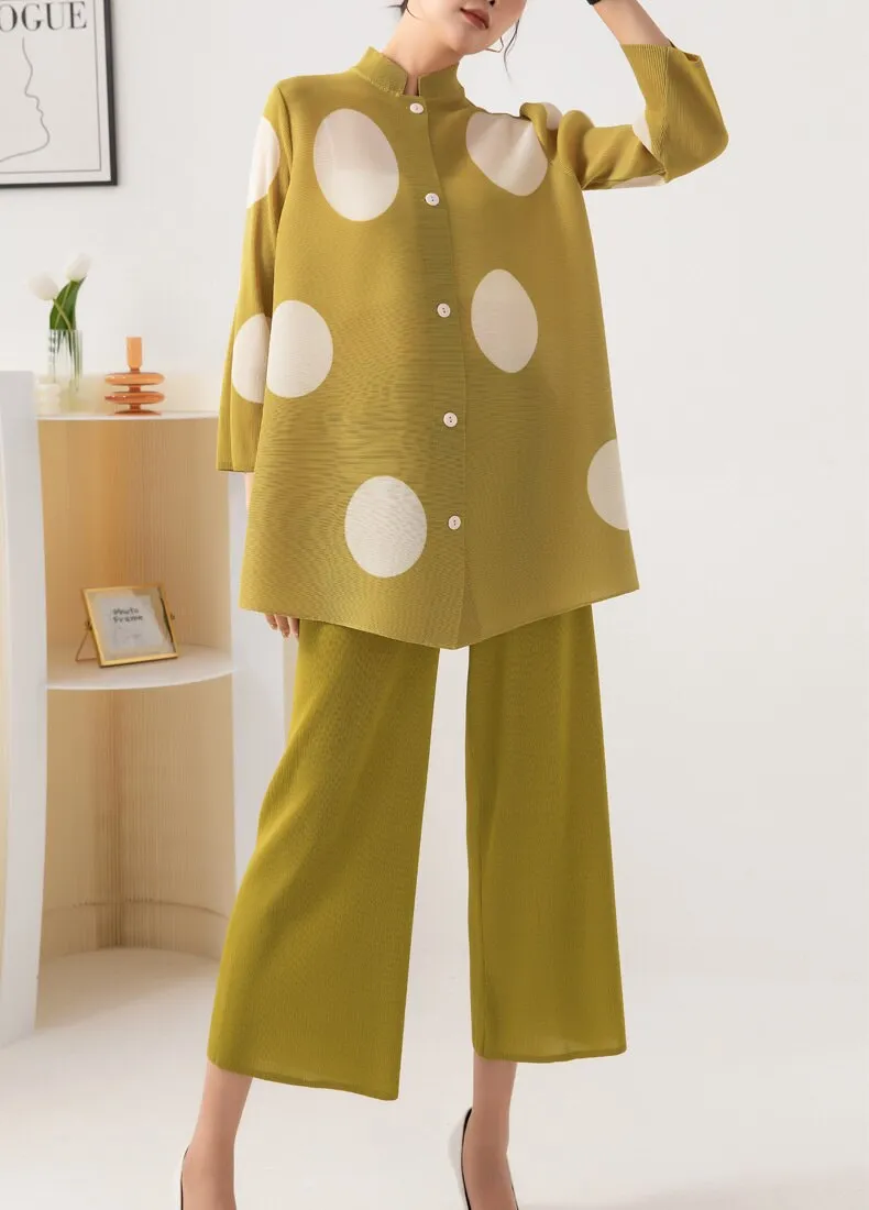 Miyake Pleated Polka Dot Top and Wide-Leg Pants Set