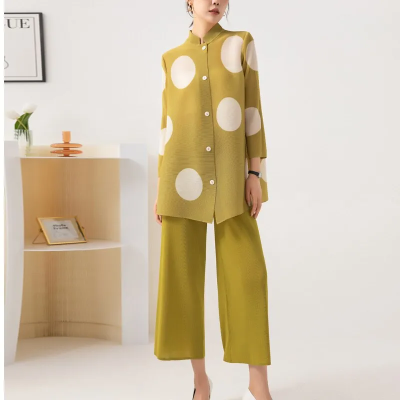 Miyake Pleated Polka Dot Top and Wide-Leg Pants Set