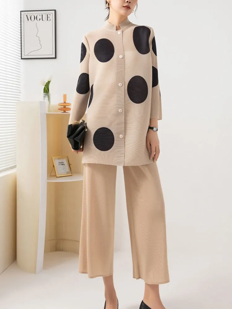 Miyake Pleated Polka Dot Top and Wide-Leg Pants Set