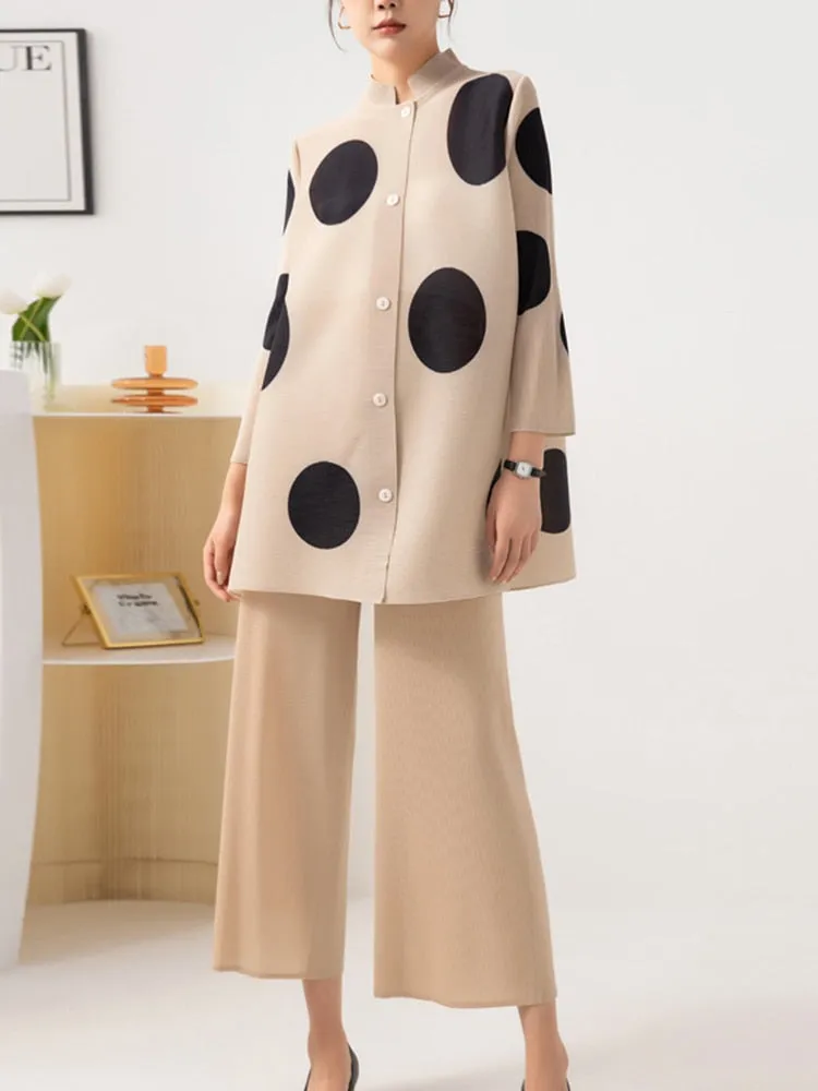 Miyake Pleated Polka Dot Top and Wide-Leg Pants Set