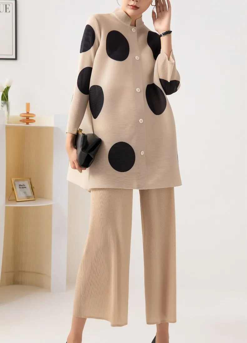 Miyake Pleated Polka Dot Top and Wide-Leg Pants Set