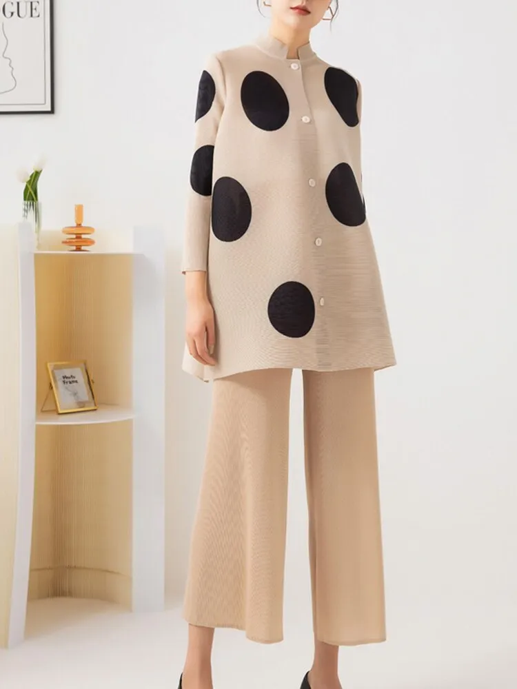 Miyake Pleated Polka Dot Top and Wide-Leg Pants Set