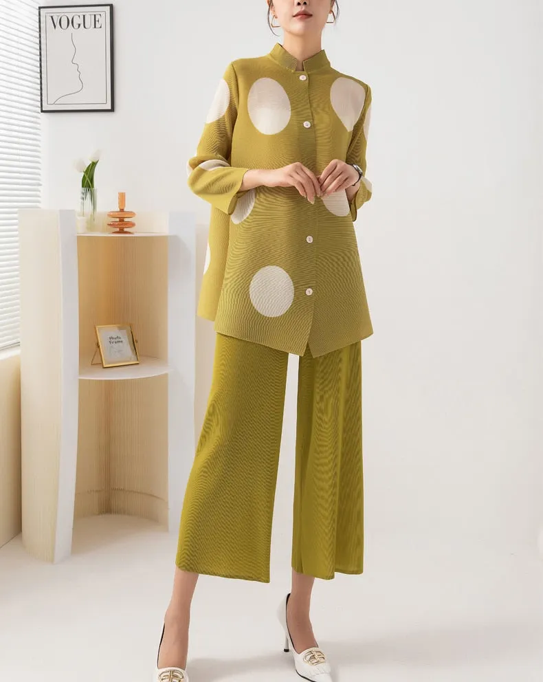 Miyake Pleated Polka Dot Top and Wide-Leg Pants Set