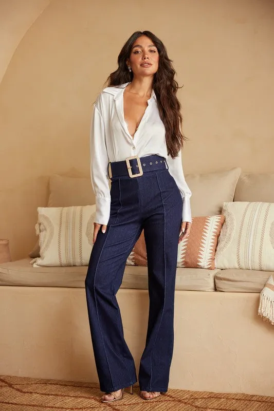 Navy High Waist Denim Stretch Pants