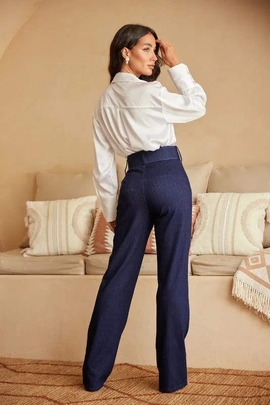 Navy High Waist Denim Stretch Pants