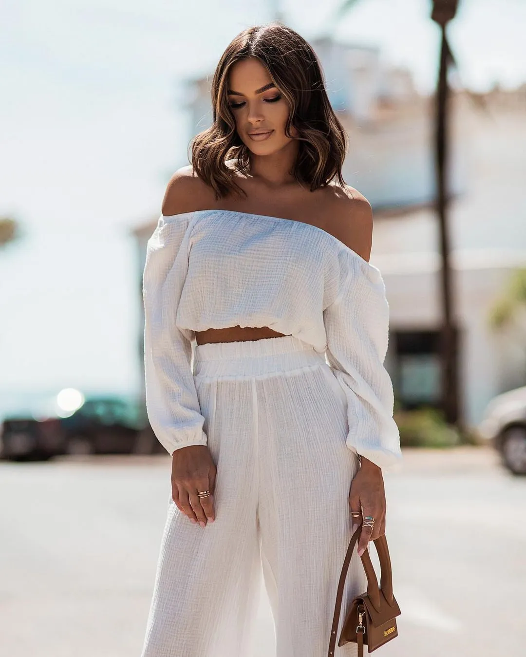 Off-Shoulder Top Straight pants Suit