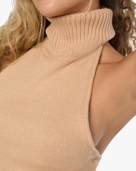 Open Back Halter Sweater Top Soft Taupe