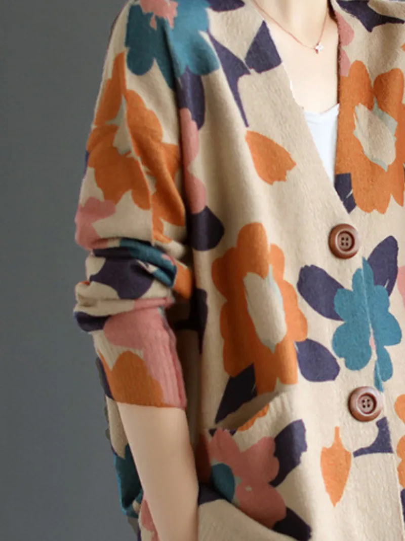 Open-Front Women's  Printed Flower Cardigan